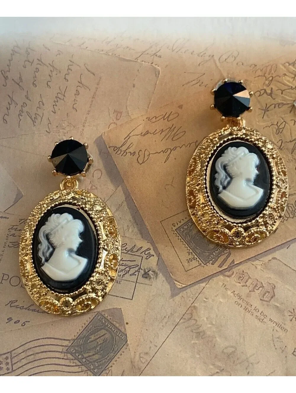 Elegant Cameo Dangle Earrings with Black and Gold Charm